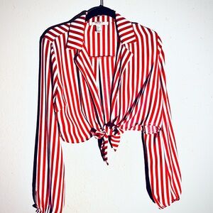 Forever 21 Red and White Crop Tie Front Blouse